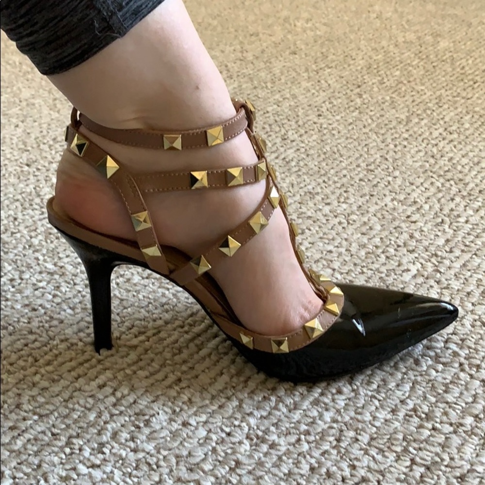 BCBGeneration Spiked Black and Nude Pointed Heels